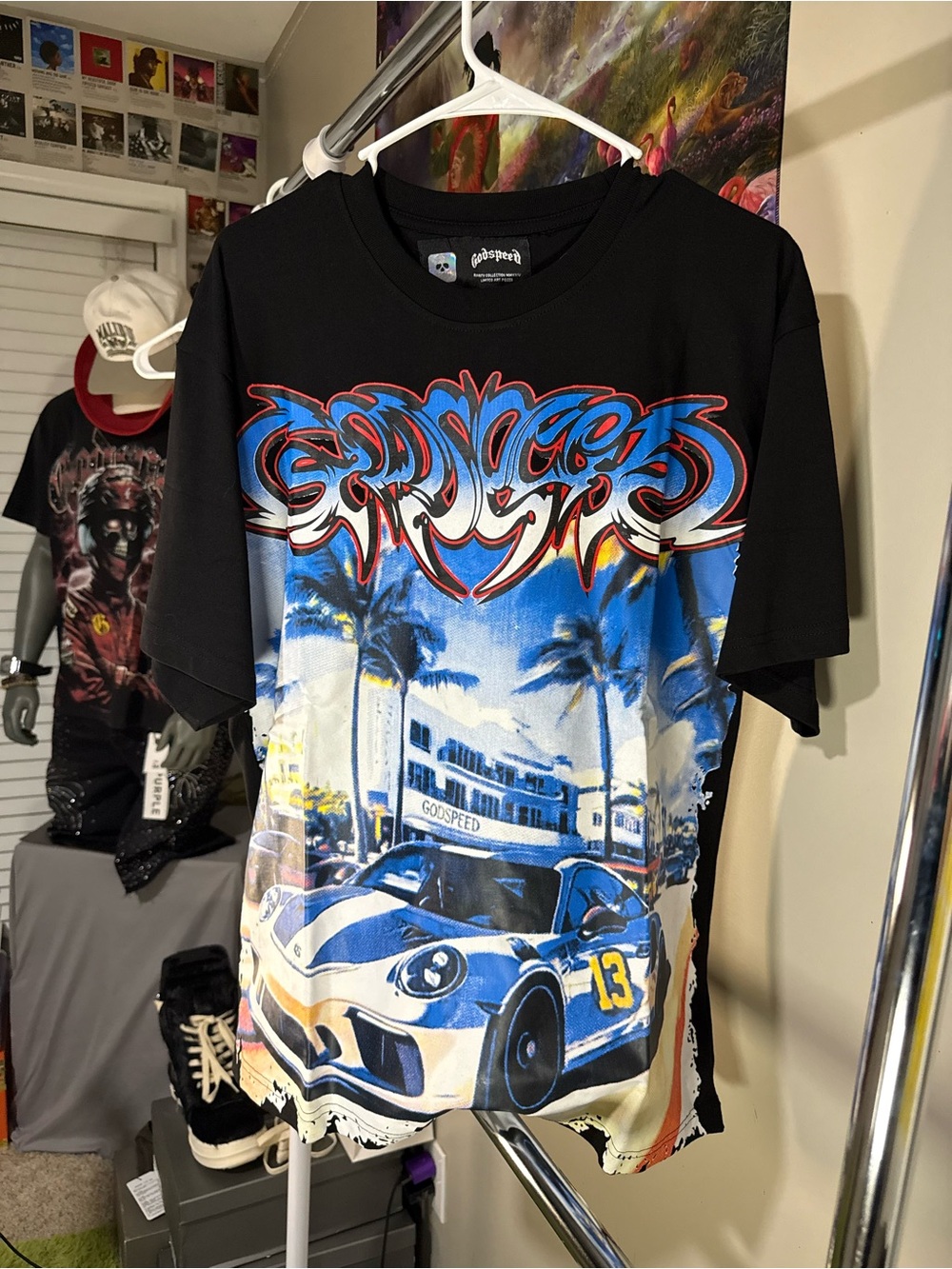 Black Graphic Racing Tee - Blue, White and Yellow